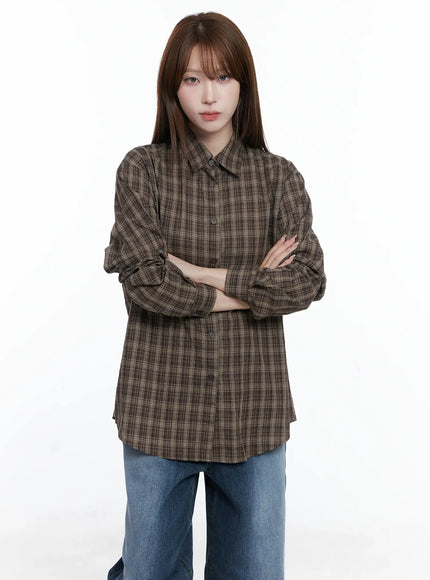 oversized-plaid-button-up-shirt-cs501 / Dark brown