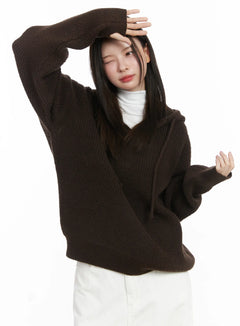 v-neck-knit-hoodie-cj507 / Dark brown