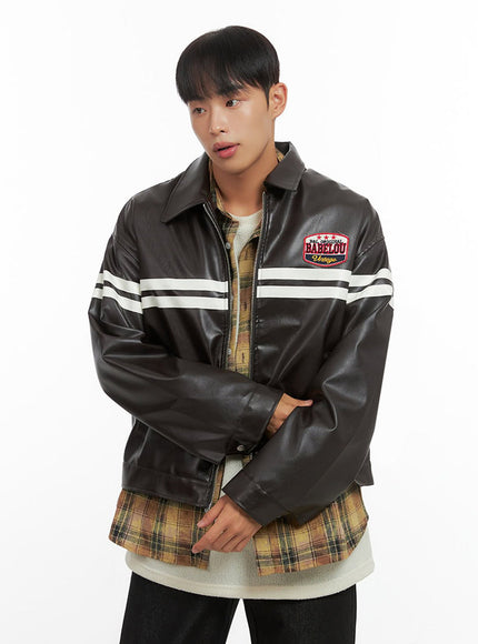 mens-patched-zip-up-rider-jacket-io420 / Dark brown