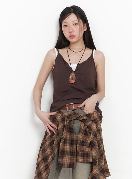 lace-buttoned-cami-top-im528 / Dark brown