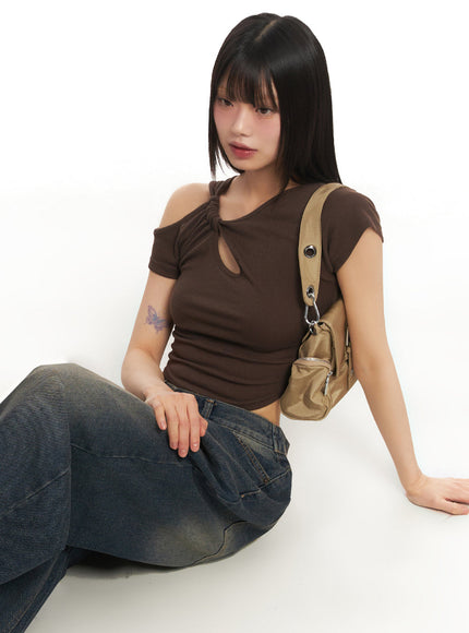 asymmetric-cut-out-crop-top-iy502 / Dark brown