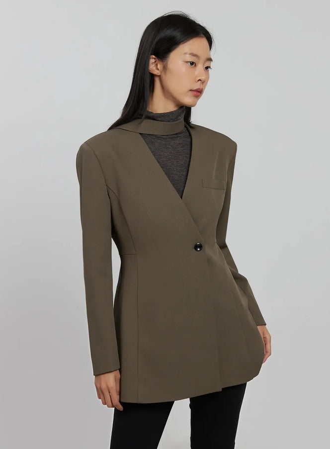 tailored-single-button-blazer-ij509 / Dark brown