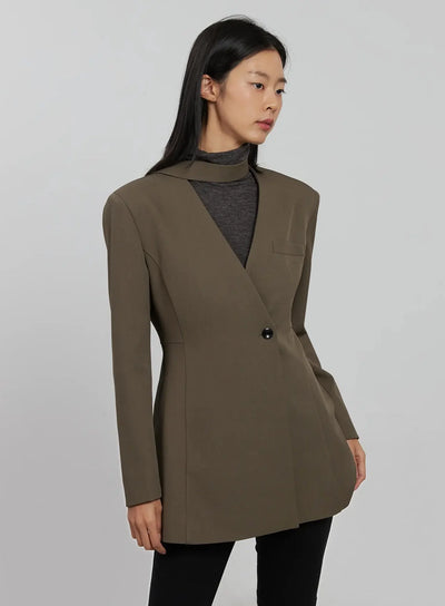 tailored-single-button-blazer-ij509 / Dark brown
