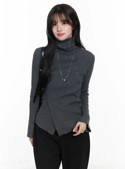 asymmetric-buttoned-knit-top-ij529 / Dark gray