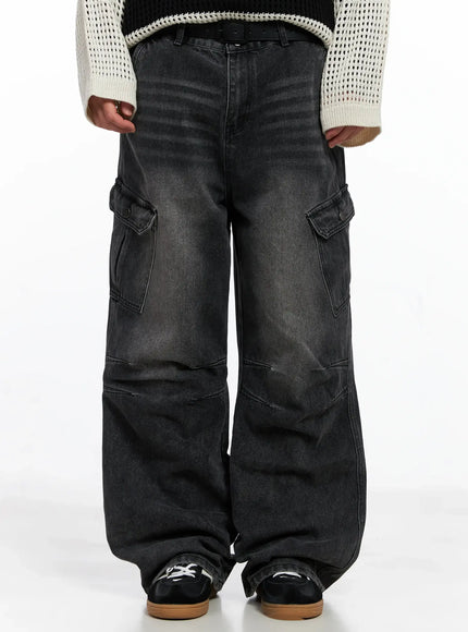 mens-double-darted-cargo-wide-leg-jeans-is509 / Dark gray