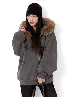 faux-fur-printed-zip-up-hoodie-id531 / Dark gray