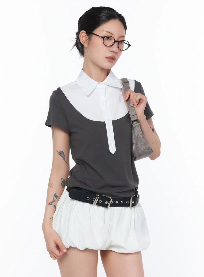 two-tone-collared-short-sleeve-tee-ca527 / Dark gray