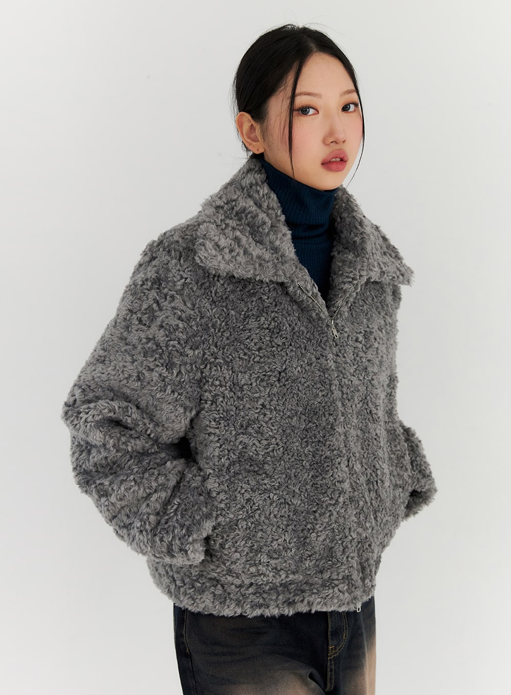 wide-collar-faux-fur-jacket-cn315 / Dark gray