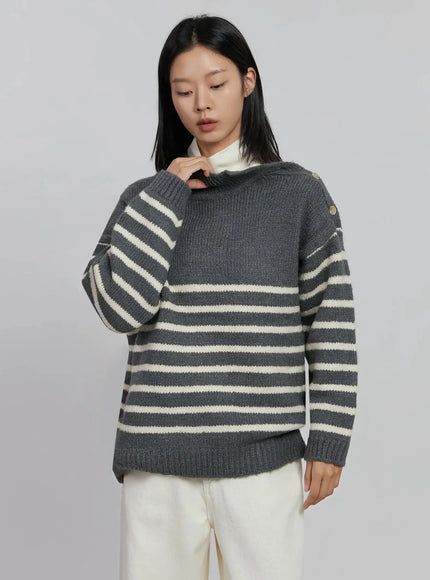 shoulder-cutout-striped-knit-sweater-id504 / Dark gray