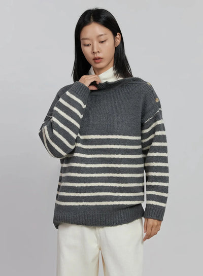 shoulder-cutout-striped-knit-sweater-id504 / Dark gray