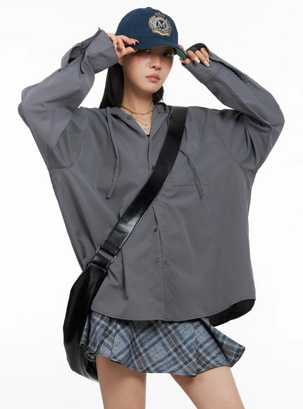 oversized-button-up-hoodie-jacket-is508 / Dark gray