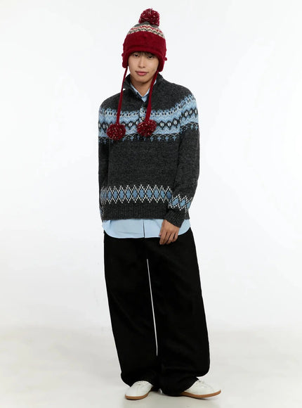 mens-patterned-high-neck-quarter-knit-sweater-in525 / Dark gray