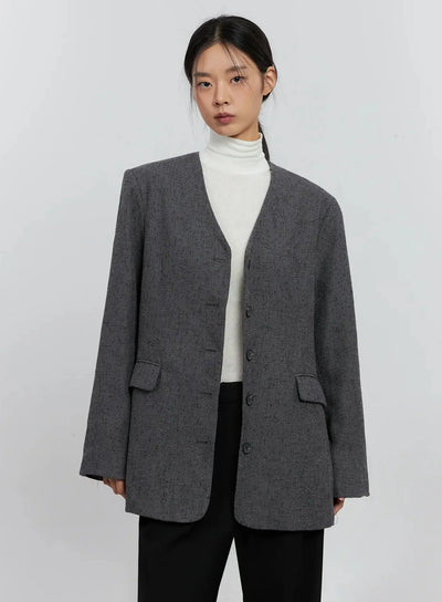oversized-collarless-blazer-is516 / Dark gray