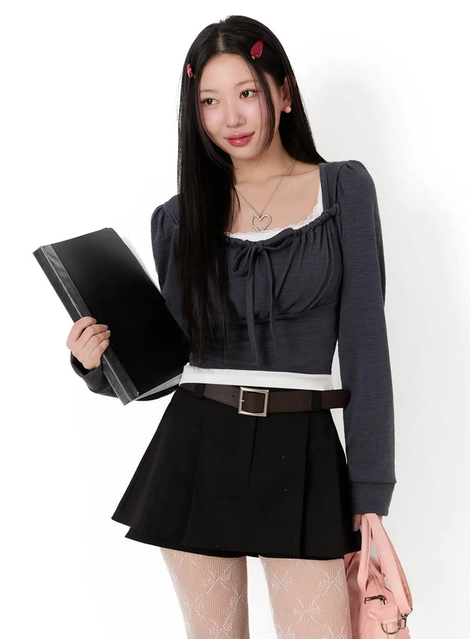 square-neck-ribbon-long-sleeve-top-im513 / Dark gray