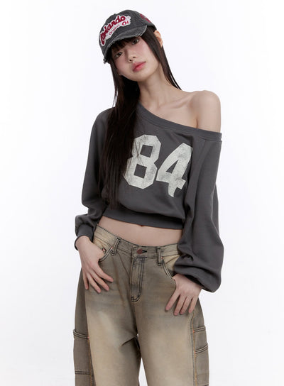 84-graphic-one-shoulder-cropped-sweatshirt-cf512 / Dark gray