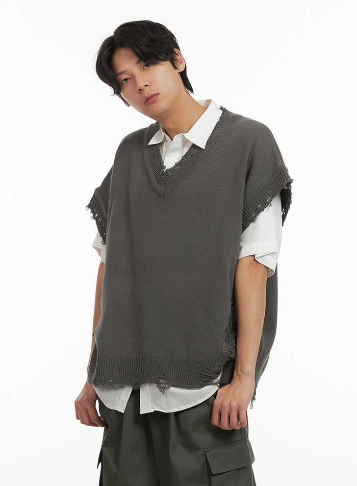 mens-distressed-v-neck-knit-vest-iy410 / Dark gray