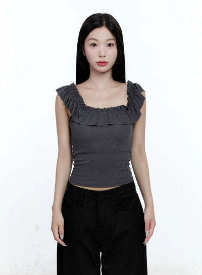 ruffle-detail-square-neck-top-cg507 / Dark gray