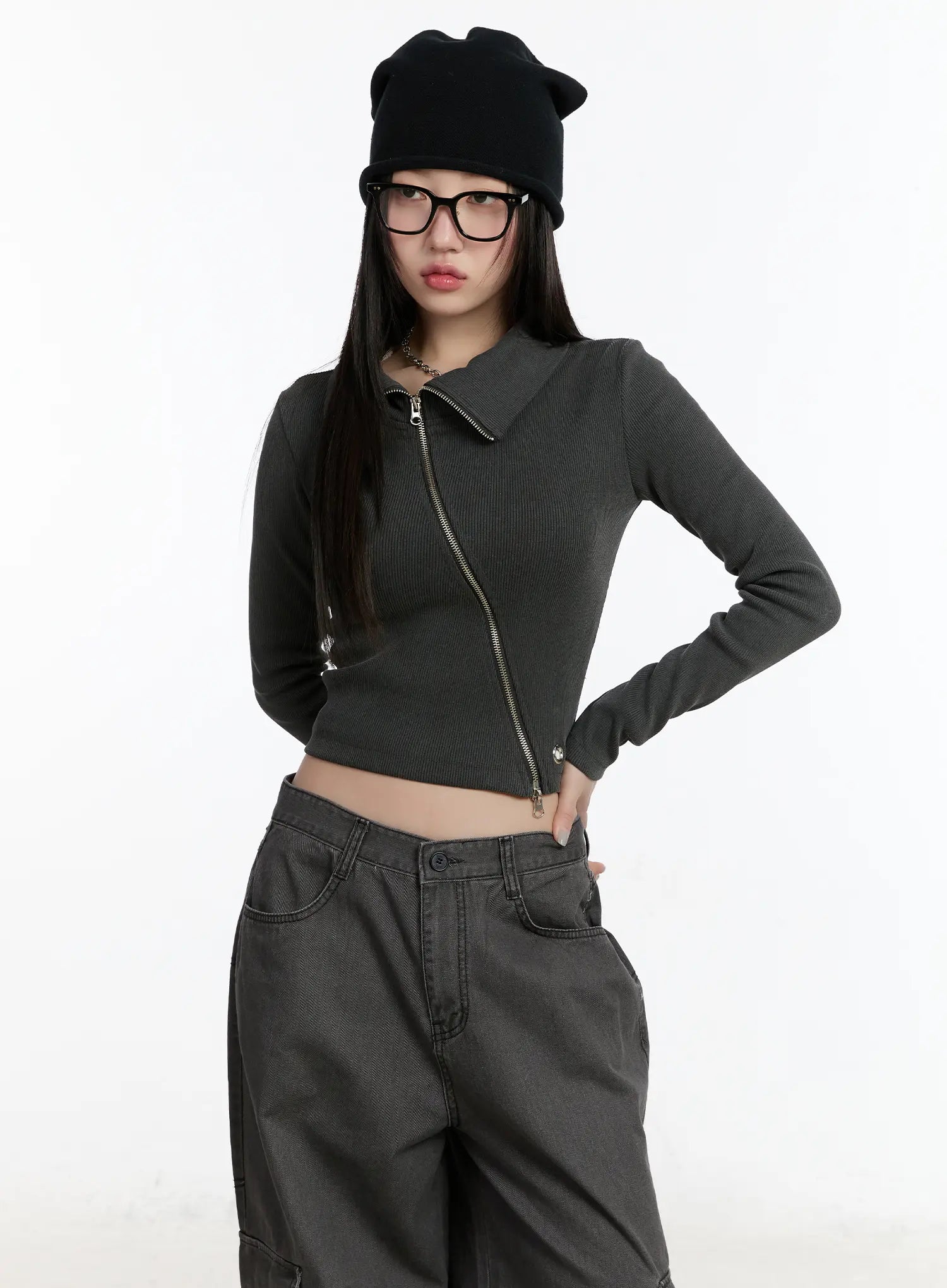 asymmetric-zip-crop-jacket-cm511 / Dark gray