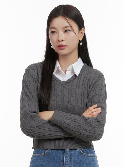 slim-v-neck-cable-knit-sweater-oo416 / Dark gray