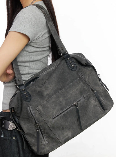 vintage-leather-accent-shoulder-bag-im530 / Dark gray