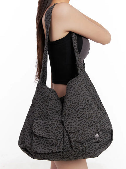 leopard-print-multi-pocket-tote-bag-cl522 / Dark gray
