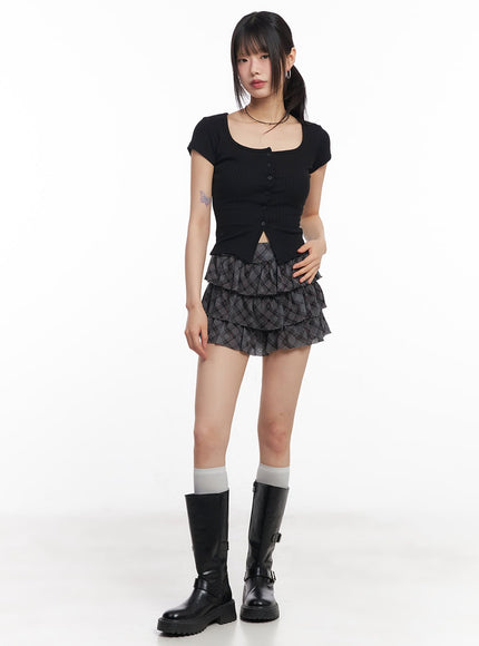 plaid-ruffle-mini-skirt-cy514 / Dark gray