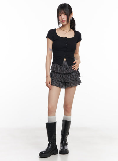 plaid-ruffle-mini-skirt-cy514 / Dark gray