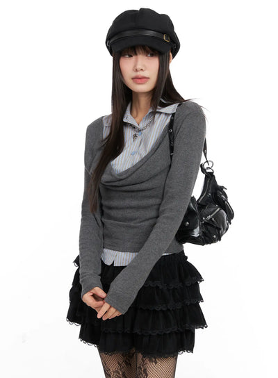 layered-striped-long-sleeve-top-cn520 / Dark gray