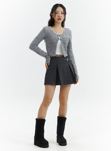 gray-pleated-belted-mini-skirt-cj423 / Dark gray