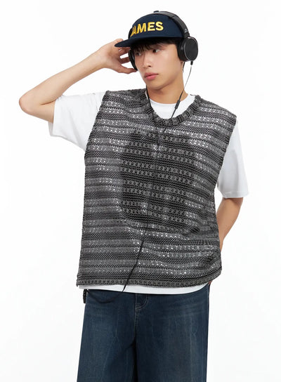 mens-striped-knit-v-neck-vest-il516 / Dark gray