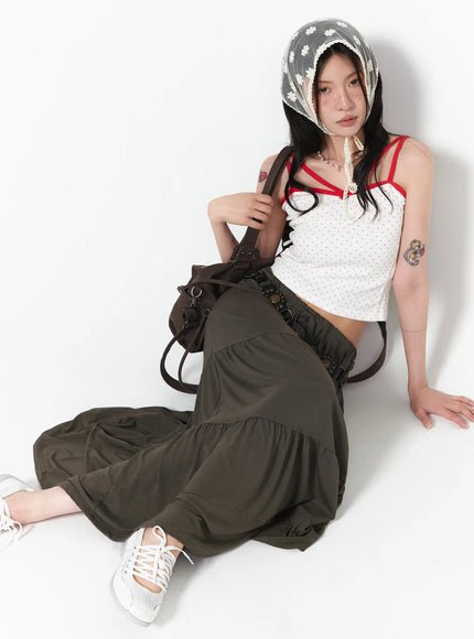 tiered-maxi-skirt-with-drawstring-ca524 / Dark green