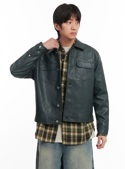 mens-faux-leather-collared-trucker-jacket-ia511 / Dark green