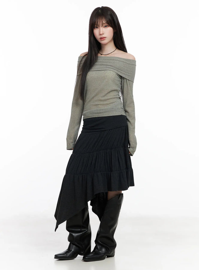 ribbed-off-shoulder-long-sleeve-top-cf523 / Dark green