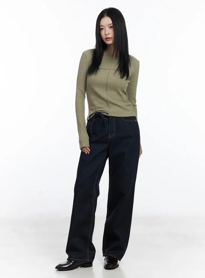 ribbed-cutout-long-sleeve-tee-cj519 / Dark green