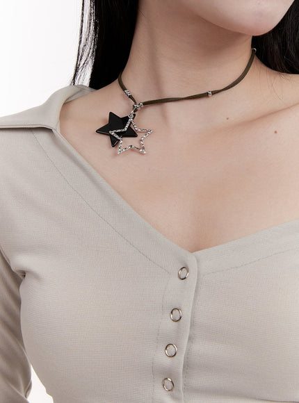 leather-strap-star-necklace-cj531 / Dark green