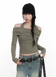 halter-shirred-off-shoulder-top-cj526 / Dark green