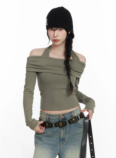 halter-shirred-off-shoulder-top-cj526 / Dark green