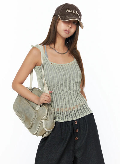 sheer-summer-knit-sleeveless-top-ca517 / Dark green