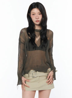 sheer-distressed-long-sleeve-knit-top-ca524 / Dark green