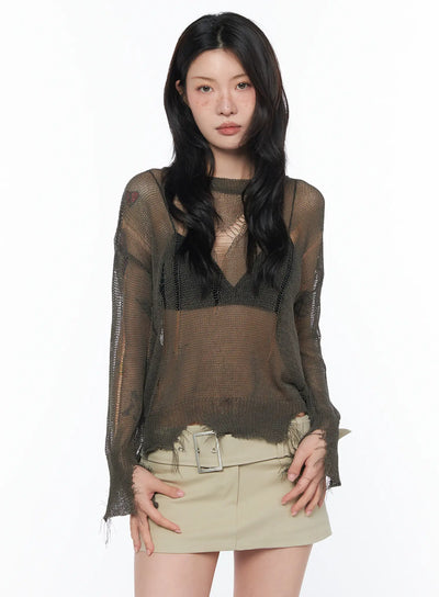 sheer-distressed-long-sleeve-knit-top-ca524 / Dark green