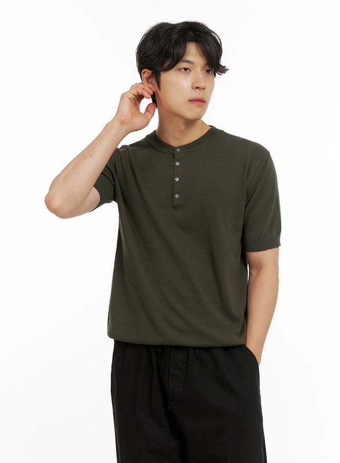 mens-buttoned-solid-short-sleeve-ig409 / Dark green