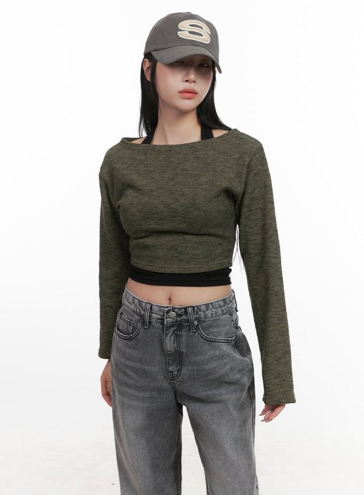 Off-Shoulder Long Sleeve Crop Top CJ517