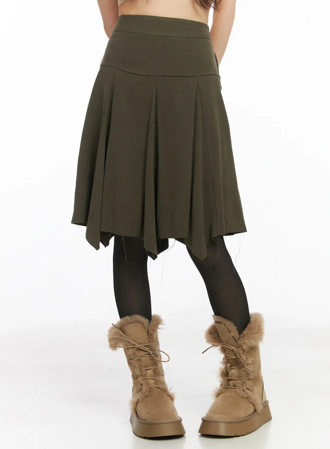 vintage-asymmetric-flare-midi-skirt-cd531 / Dark green