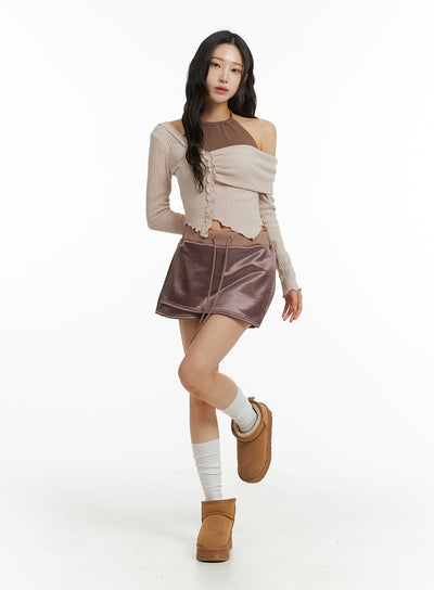 elastic-waist-satin-mini-skirt-cj409 / Dark pink