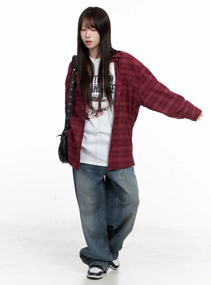oversized-plaid-casual-shirt-co520 / Dark red