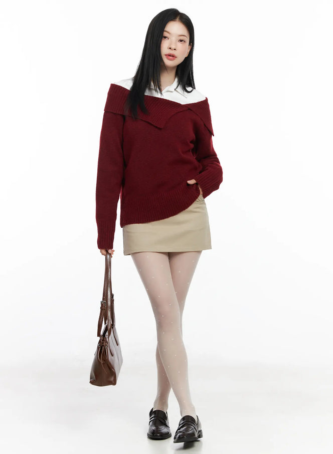 off-shoulder-knit-sweater-cj520 / Dark red