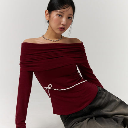 off-shoulder-solid-ruched-long-sleeve-top-with-ribbon-detail-cd329 / Dark red