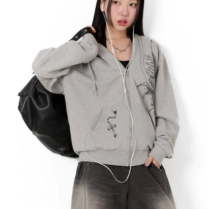 graphic-print-zip-up-hoodie-im509 / Gray