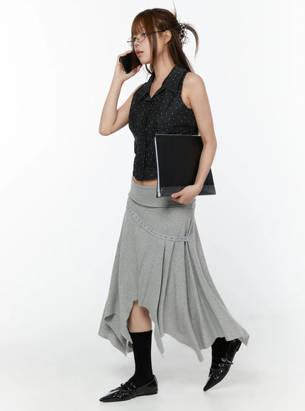 asymmetric-hem-belted-midi-skirt-cy518 / Gray