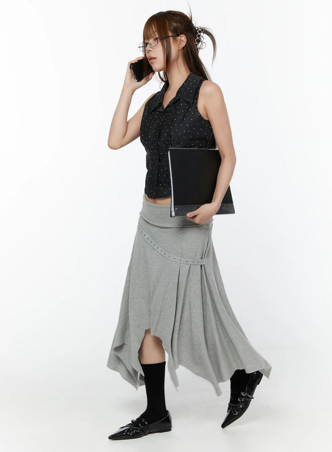 asymmetric-hem-belted-midi-skirt-cy518 / Gray